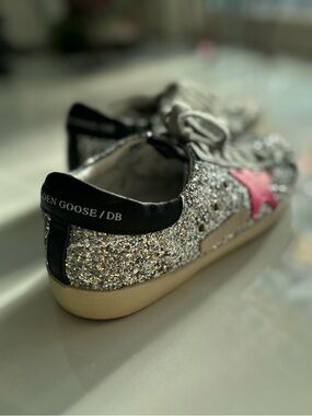 GG Superstar Inspired Glitter Sneakers Silver/Pink Star Size 40